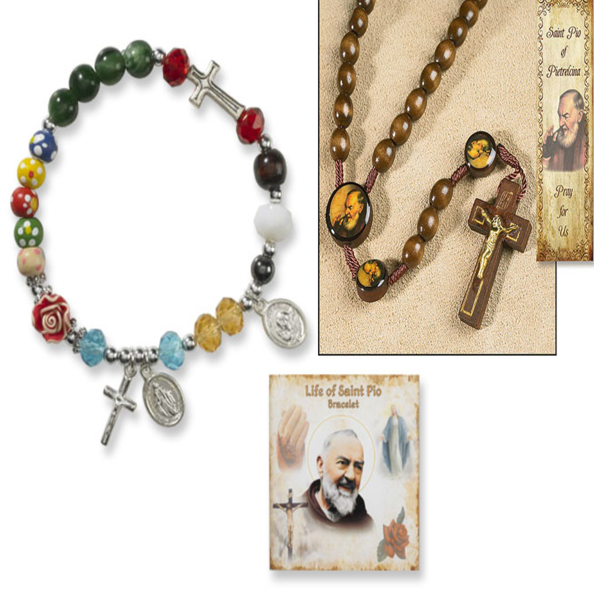 Saint Pio Rosary with bookmark and Saint Pio bracelet with story card.  (BUNDLE!)