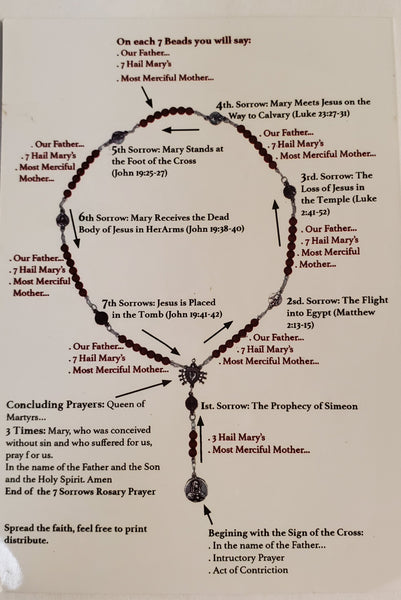 Seven Sorrows of the Blessed Virgin Mary chaplet with prayer card