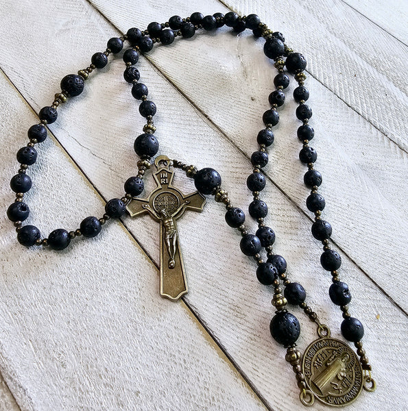 St Benedict Rosary With Lava Rock Beads