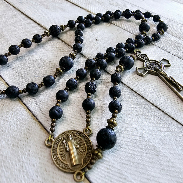 St Benedict Rosary With Lava Rock Beads