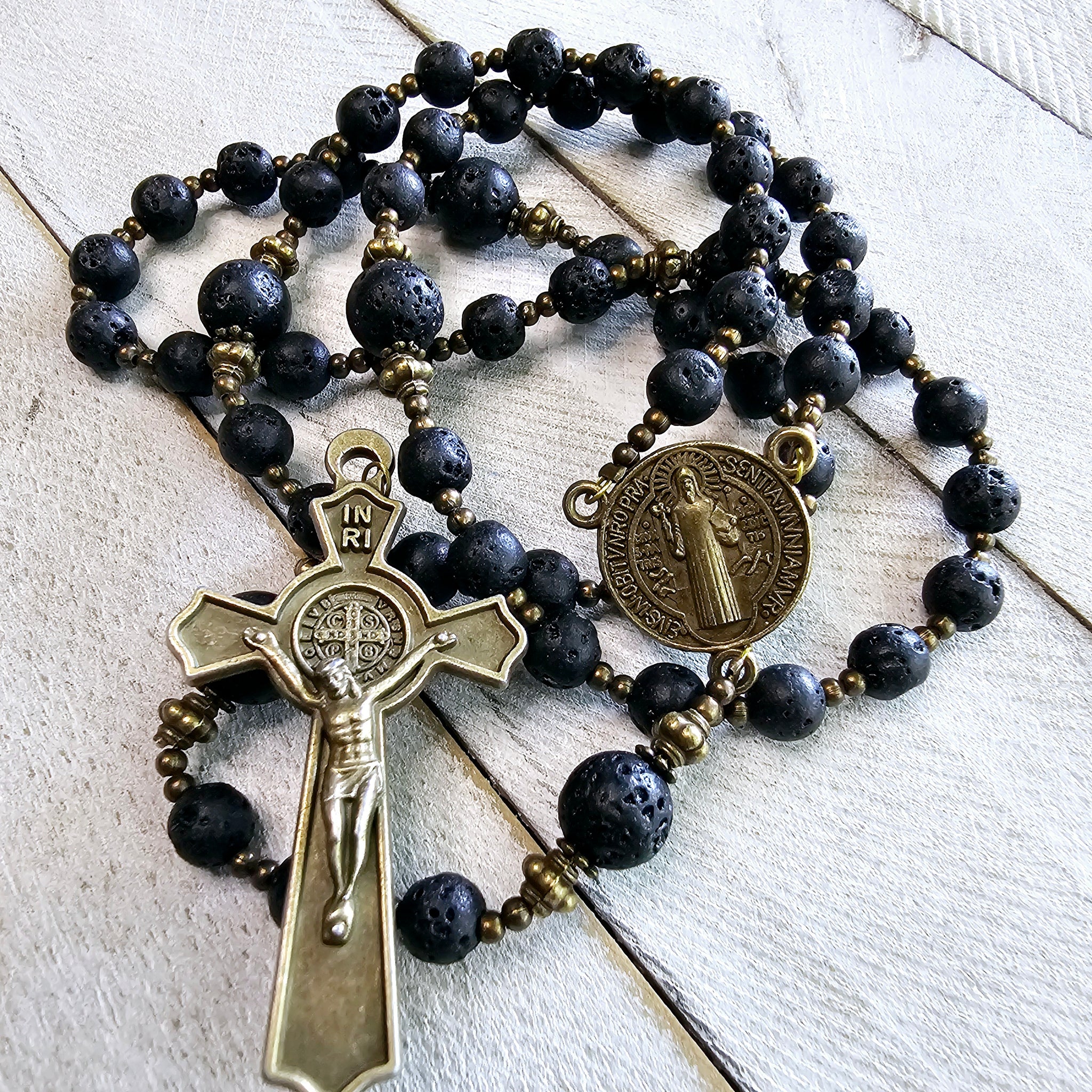 St Benedict Rosary With Lava Rock Beads