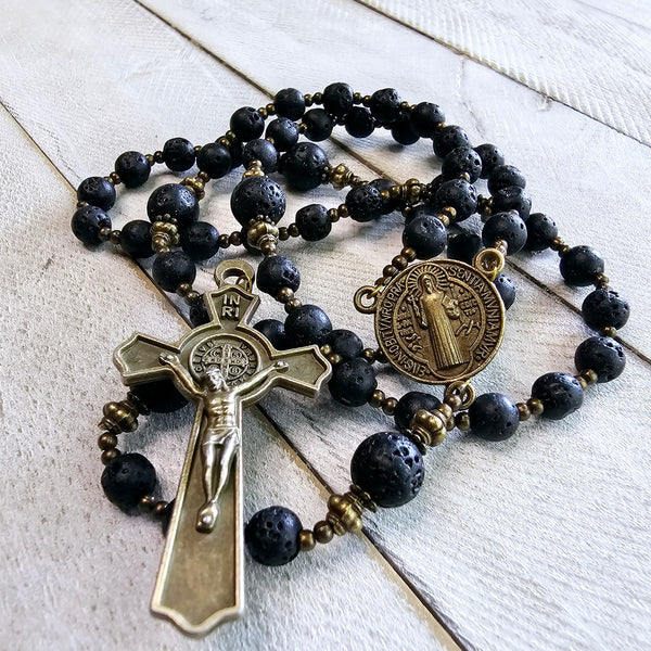 St Benedict Rosary With Lava Rock Beads