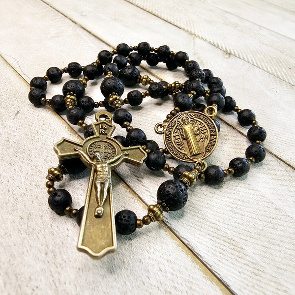 St Benedict Rosary With Lava Rock Beads