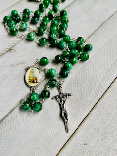 Our Lady of Fatima Green glass beads Rosary