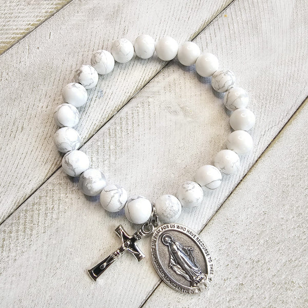 Miraculous Medal Matte Howlite White Stone Bracelet