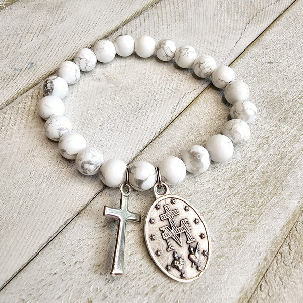 Miraculous Medal Matte Howlite White Stone Bracelet