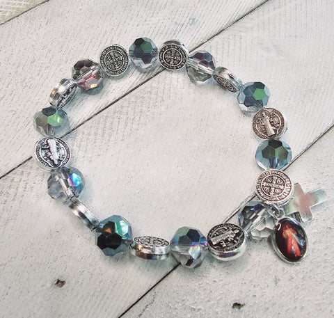 Saint Benedict with Divine Mercy medal and cross bracelet