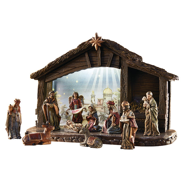 Eleven-Piece Nativity Set with Lighted Stable