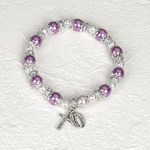 Purple Rosary Bracelet with Pearls and White Our Father Bead