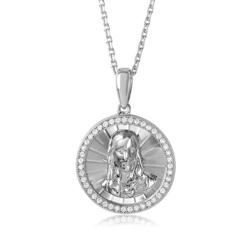 Sterling Silver Rhodium Plated Diamond Cut CZ Jesus Necklace