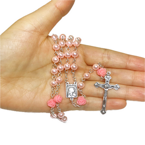 Pink Rose Catholic Rosary with Lourdes Medal