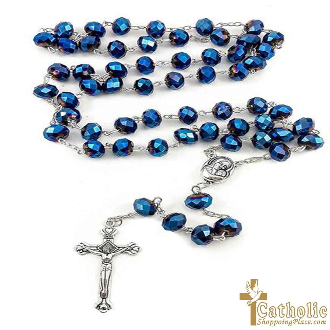 Deep Blue Crystal Beads Rosary With Holy Soil Medal