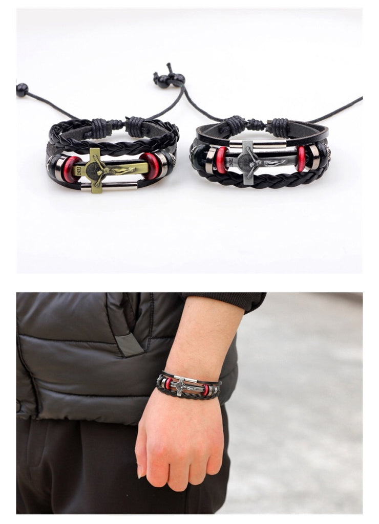Men Leaf Leather Multilayer Bracelet Fashion Braided Handmade Star Knot  Leaf Rope Wood Beads Wrap Bracelets