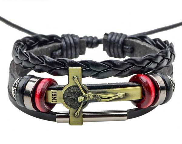 Hand Made Multi-Layer Leather Bracelet with Crucifix