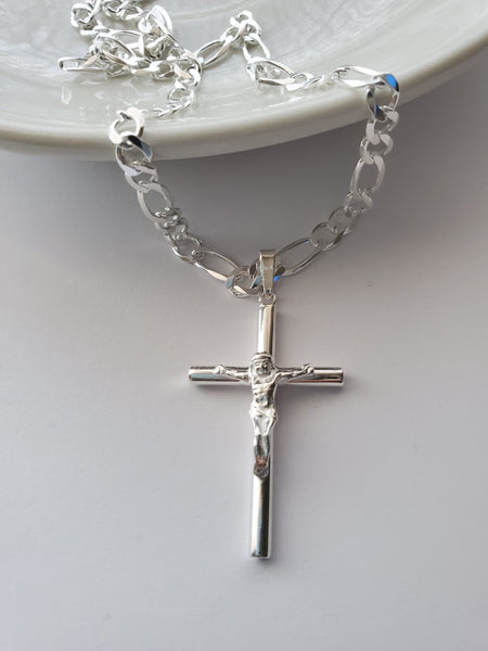 Italian Solid Sterling silver Figaro Link chain with Sterling Silver Rhodium Plated Crucifix Pendant