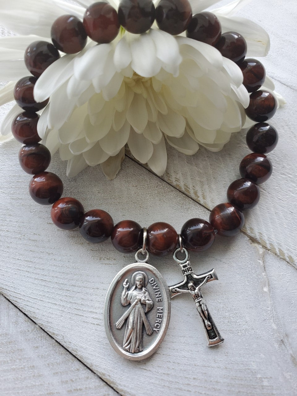 Divine Mercy Catholic Stone Bracelet with Prayer Card