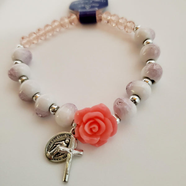 Miraculous Medal Pink and White Stretch Bracelet with Crystals and Rose colored and shaped Resin Bead